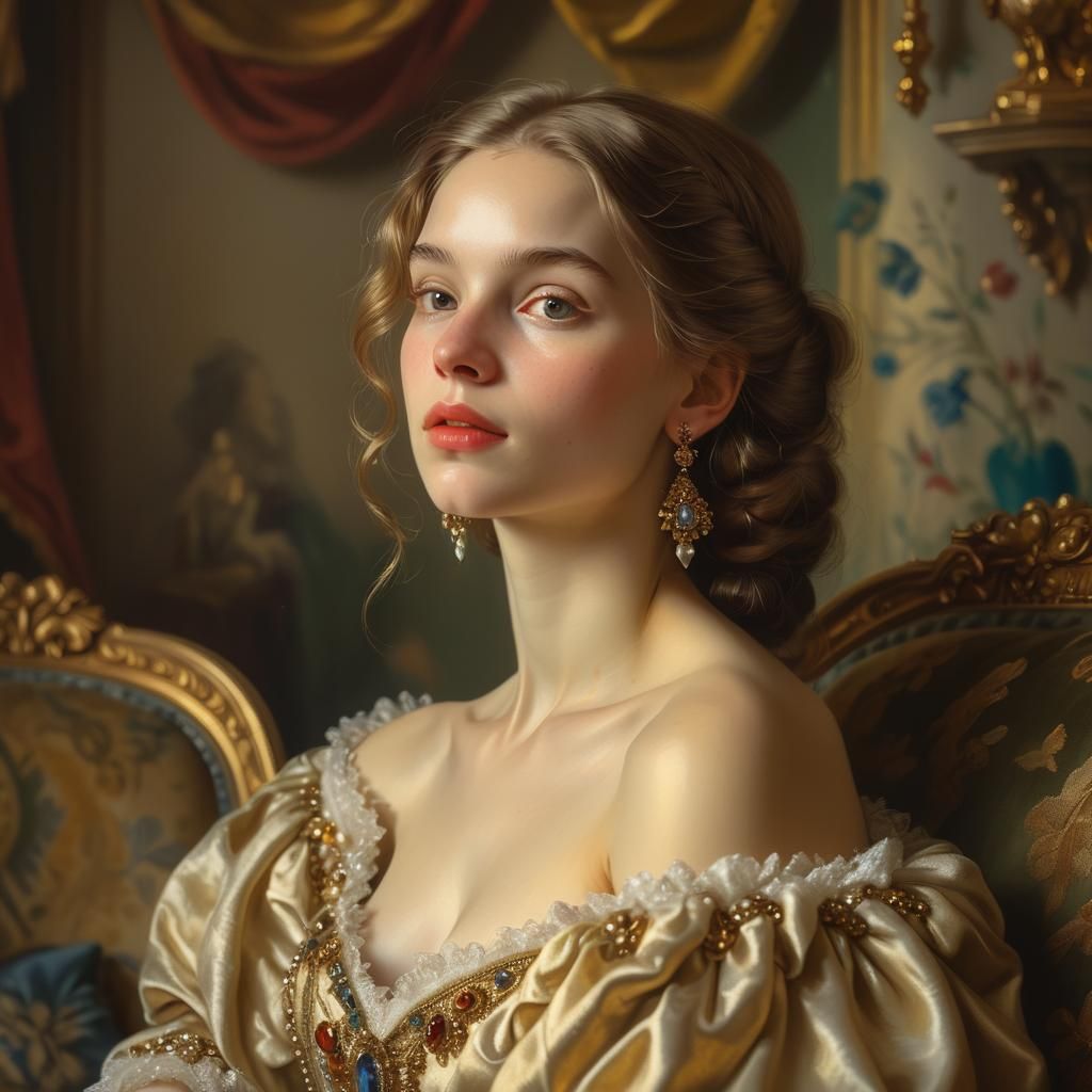 Elegant Woman on Velvet Couch as Oil Painting