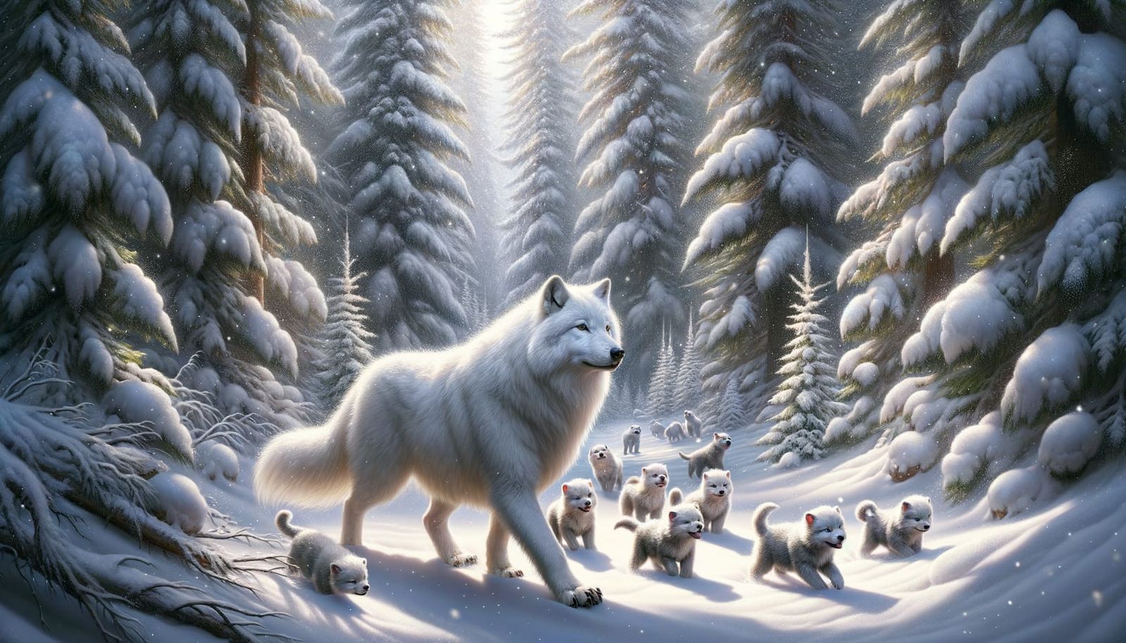 Majestic White Wolf and Pups in Winter Forest