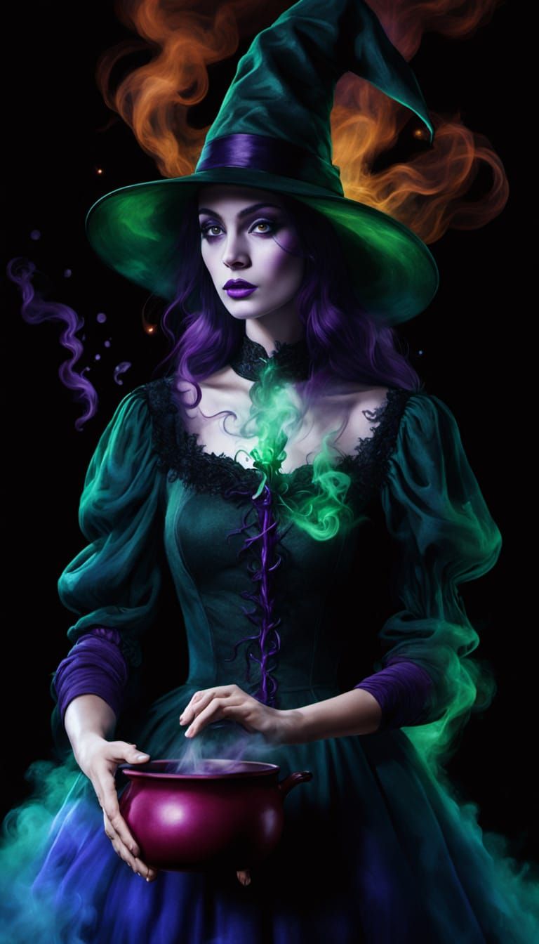 Surreal Witch Casting Spell in Dark Forest