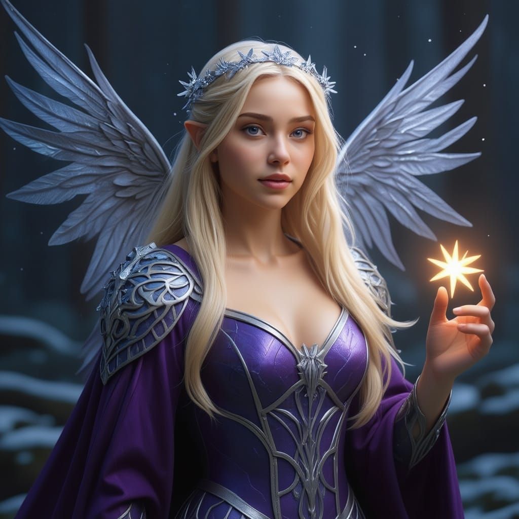 Fairy Warrior with Glowing Snowflake in Cinematic Style