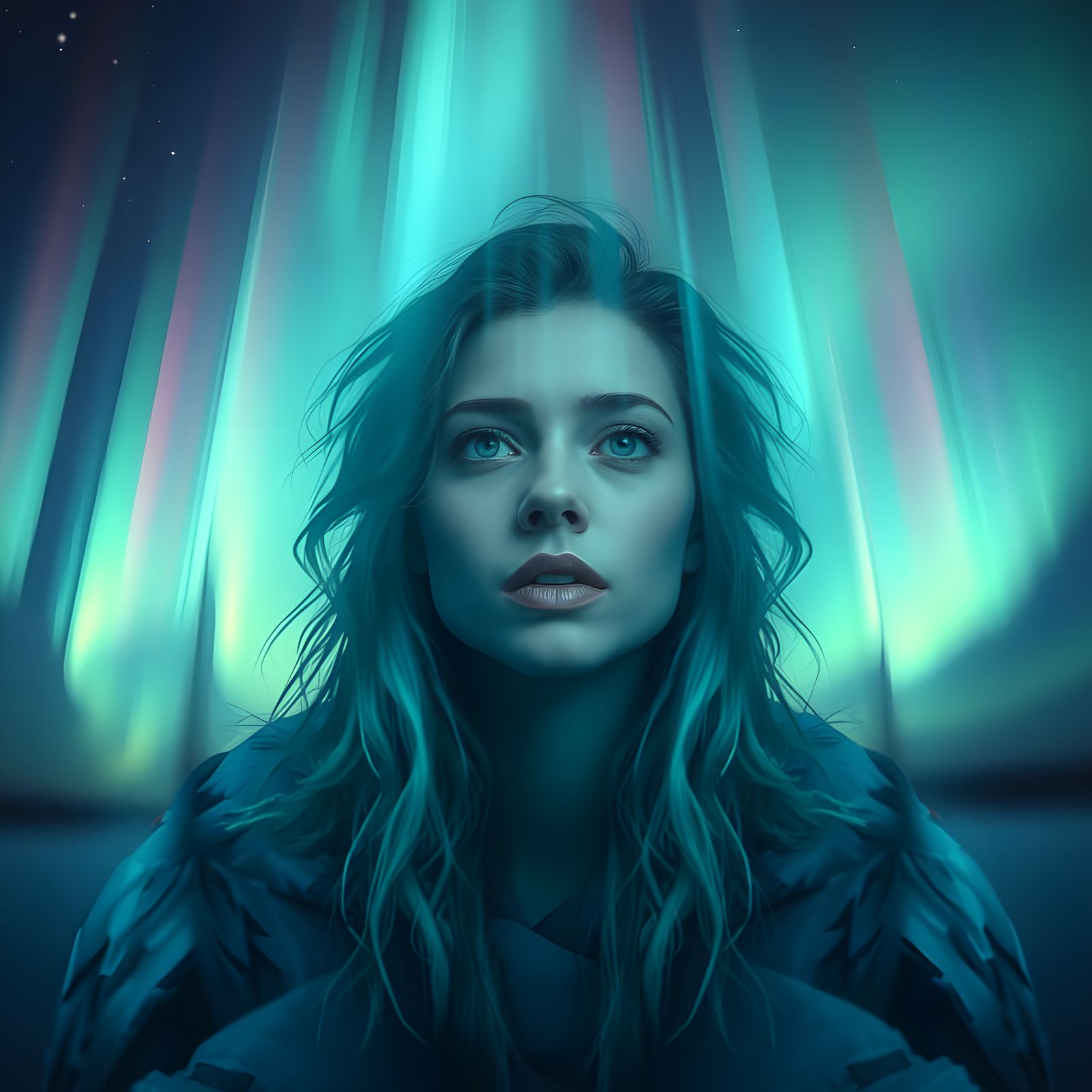 Woman Born from Aurora Borealis in Ethereal Portrait