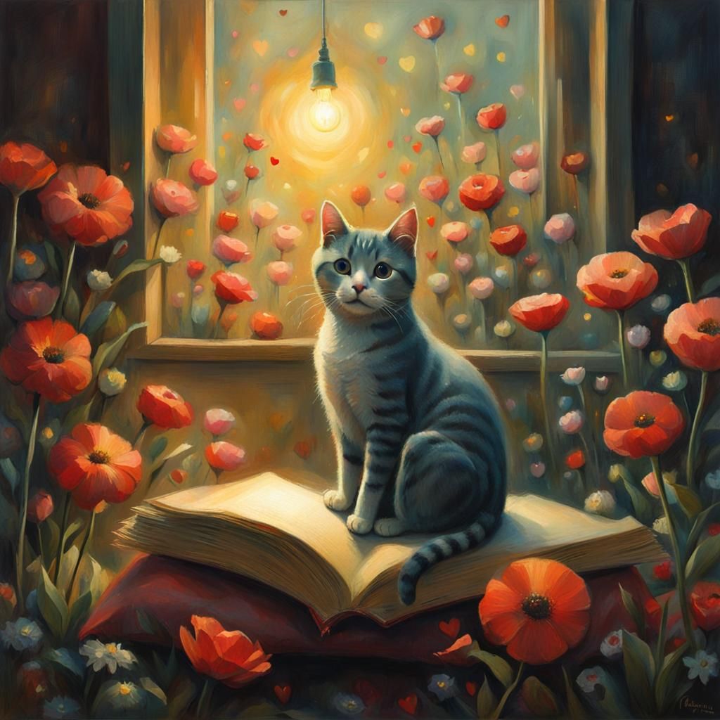 Cute Cat Surrounded by Flowers in Surreal Style