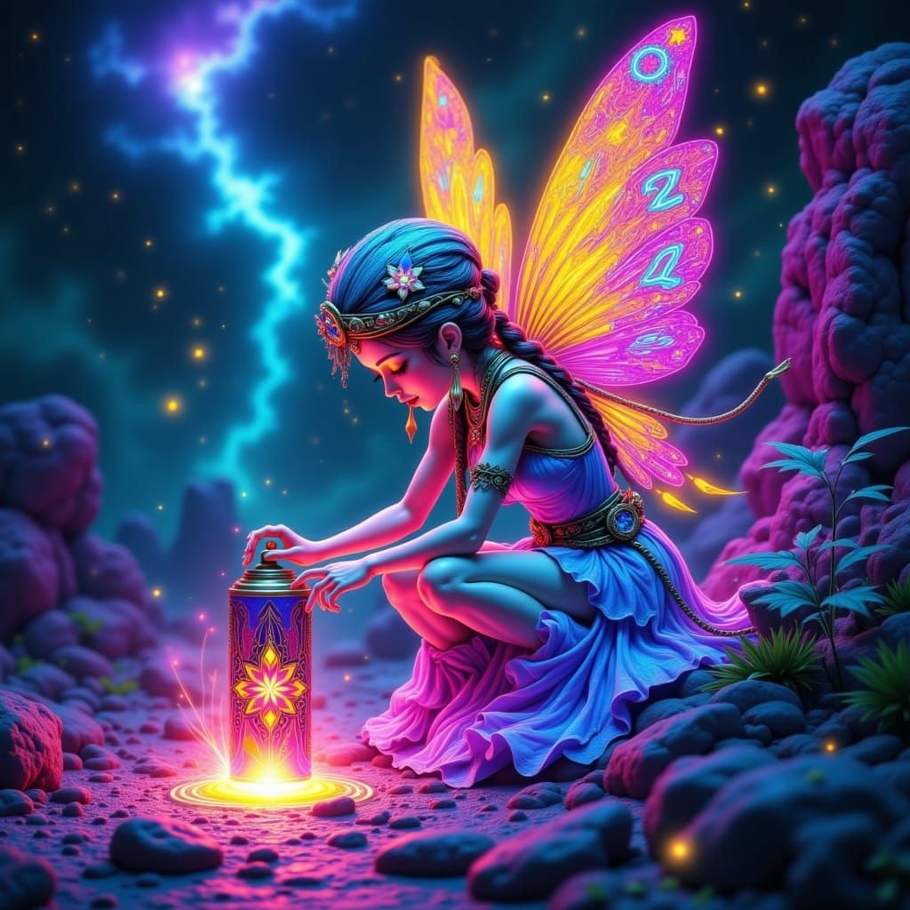 Fairy Graffiti Art on Ancient Stones in Hyperrealistic Style