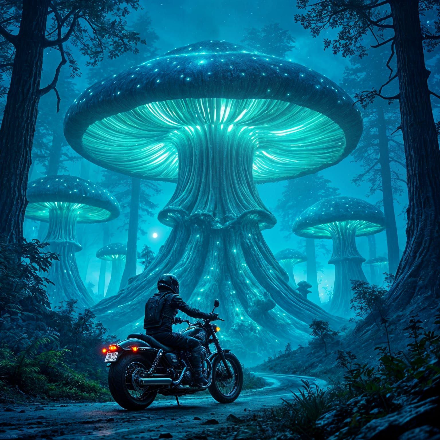 Motorcyclist Explores Alien Mushroom Forest in Dark Fantasy ...