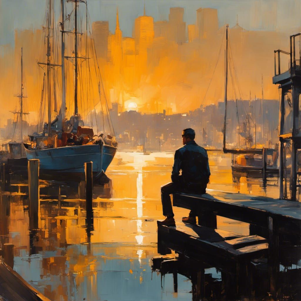 Man on San Francisco Dock: Hyperrealistic Oil Painting