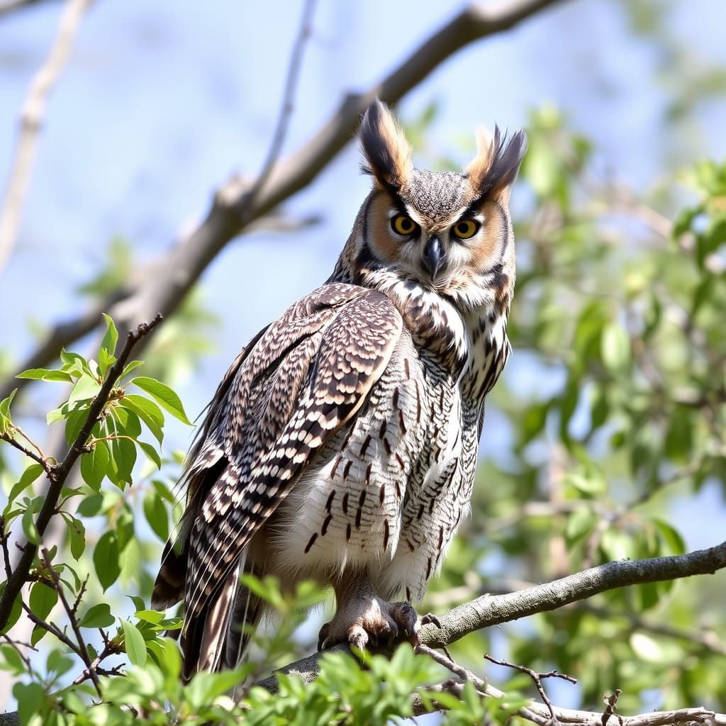 Majestic Great Horned Owl Perched in Wilderness
