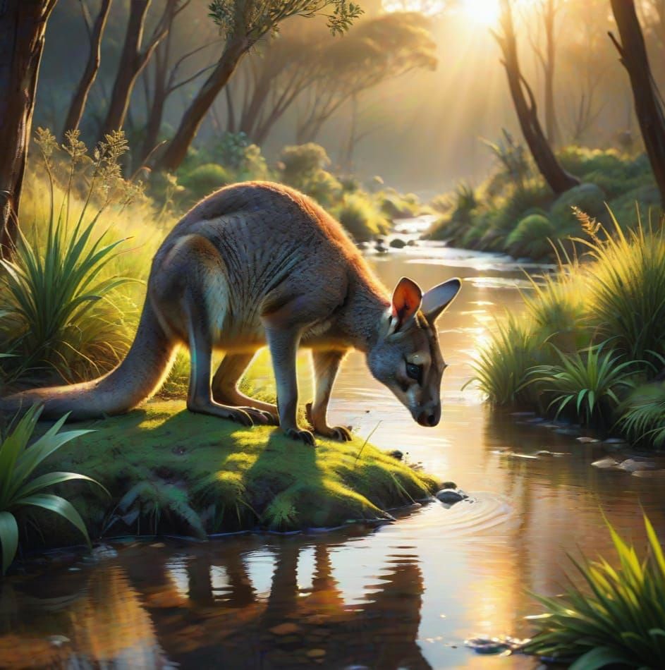 Wallaby in Australian Bush Drinking from a Stream