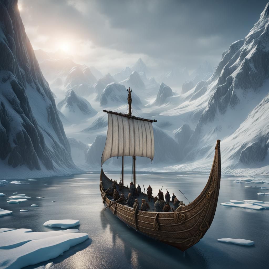Viking Longboat on Frozen Fjord: Detailed Matte Painting