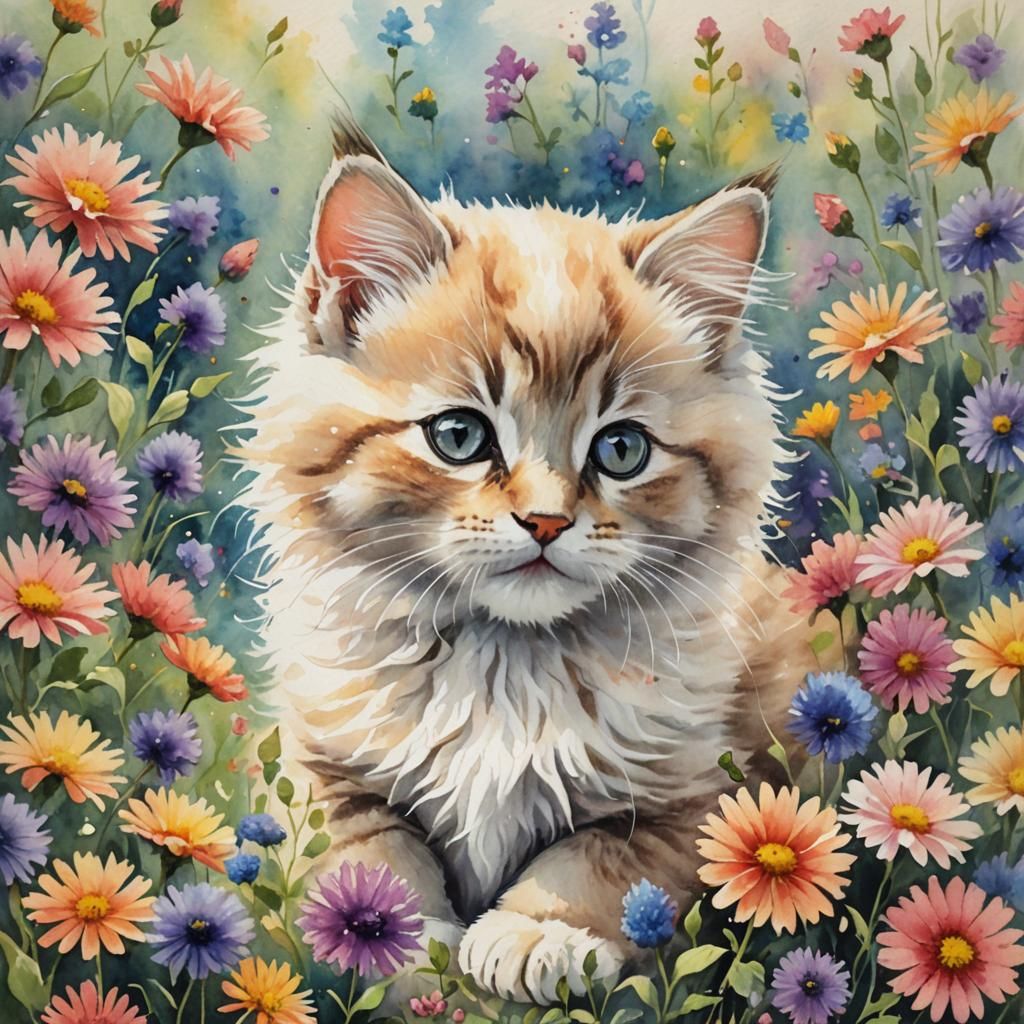Watercolor Kitten Playing with Pastel Flowers