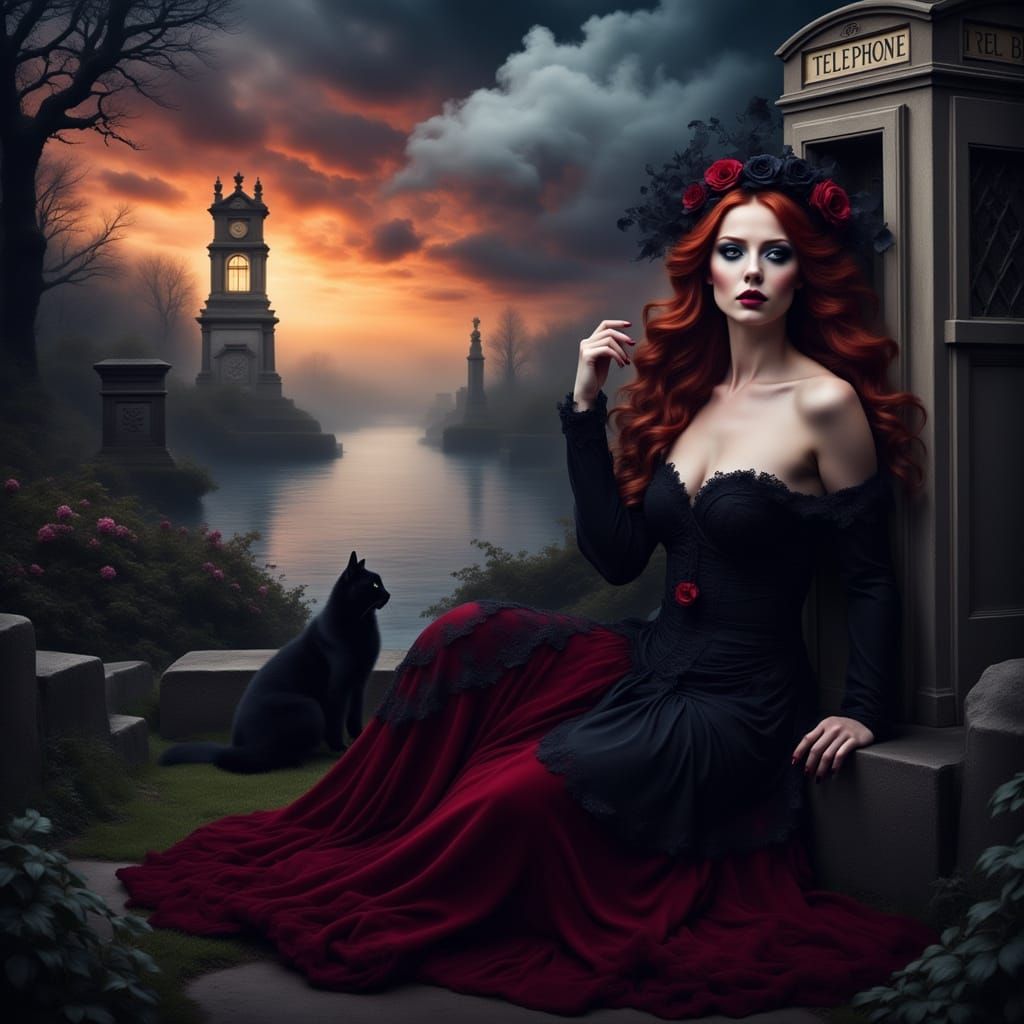 Gothic Woman in London: Oil Painting Style