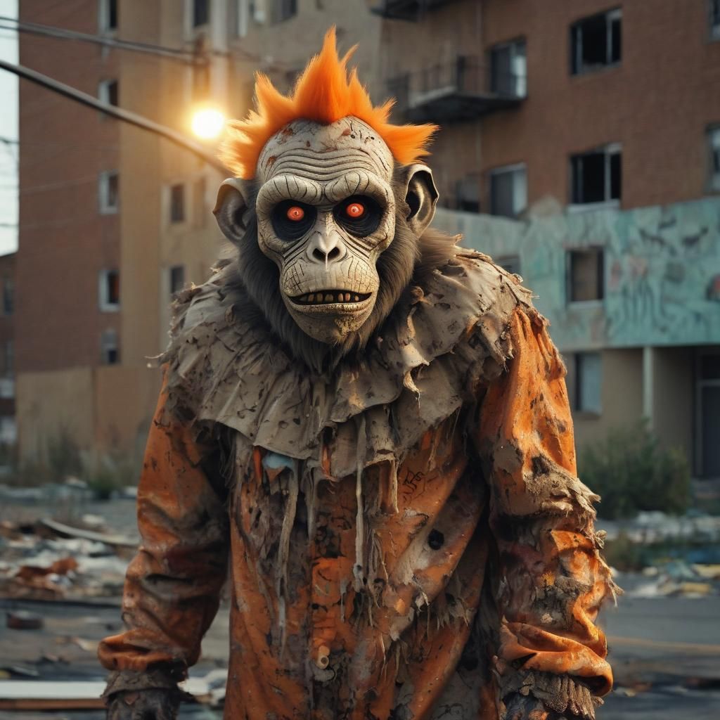 Zombie Monkey Clown in Crumbling Housing Project