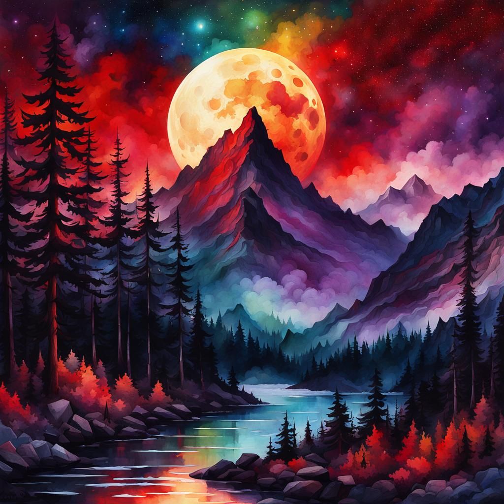 Sinister Watercolor Landscape with Red Moon and Stars