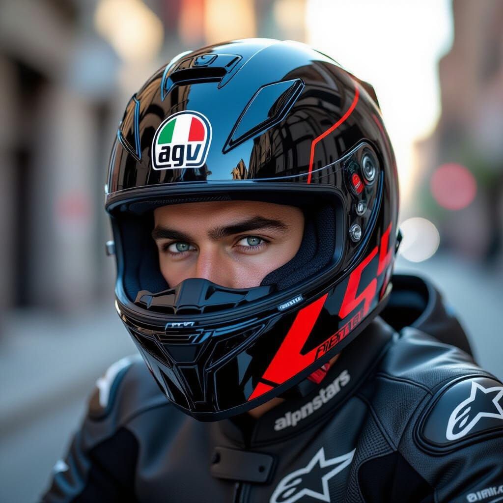 Biker in High-Tech Racing Helmet: Realistic Photo