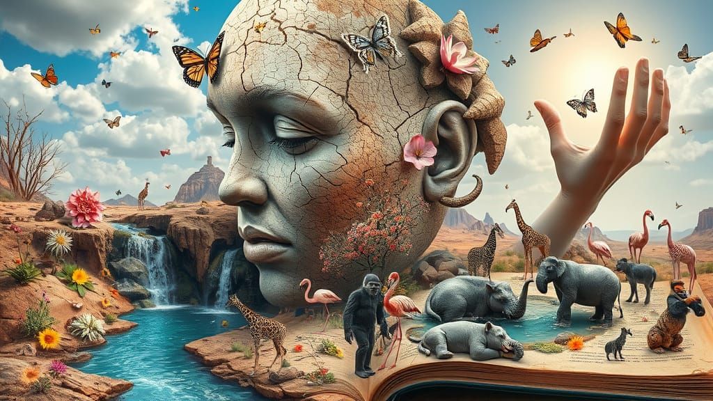 Surreal Earth Face with Flowers and Waterfall