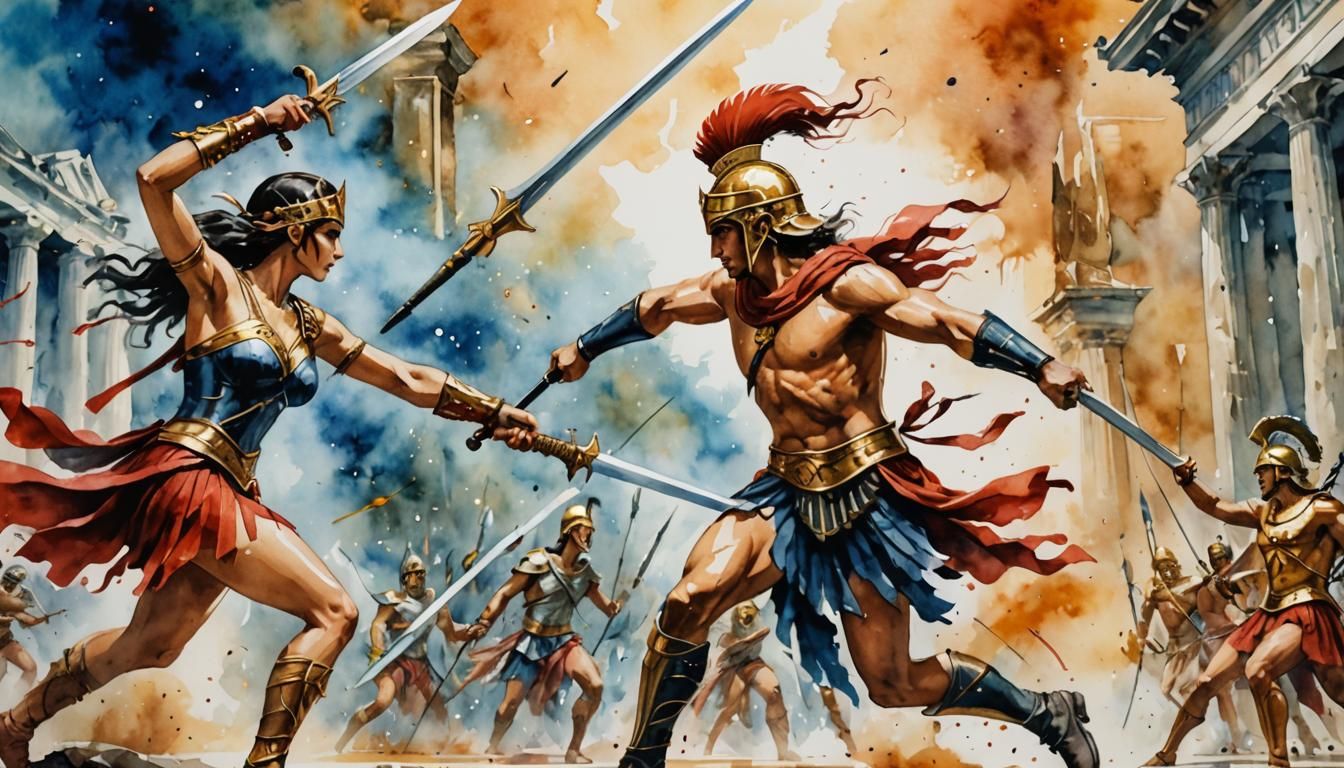 Penthesilea vs Achilles: Watercolor Battle in Troy