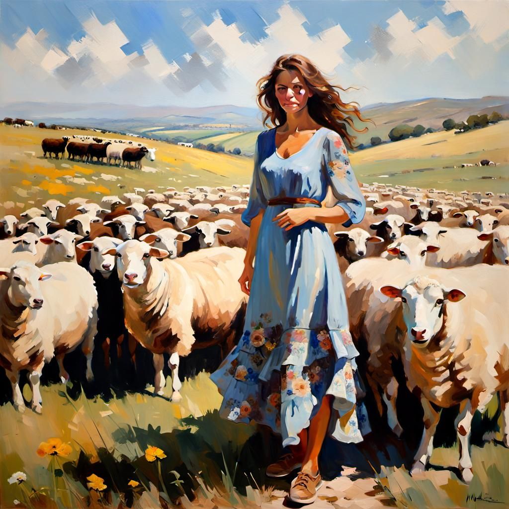 Shepherdess in Sunlit Field: A Romantic Painting