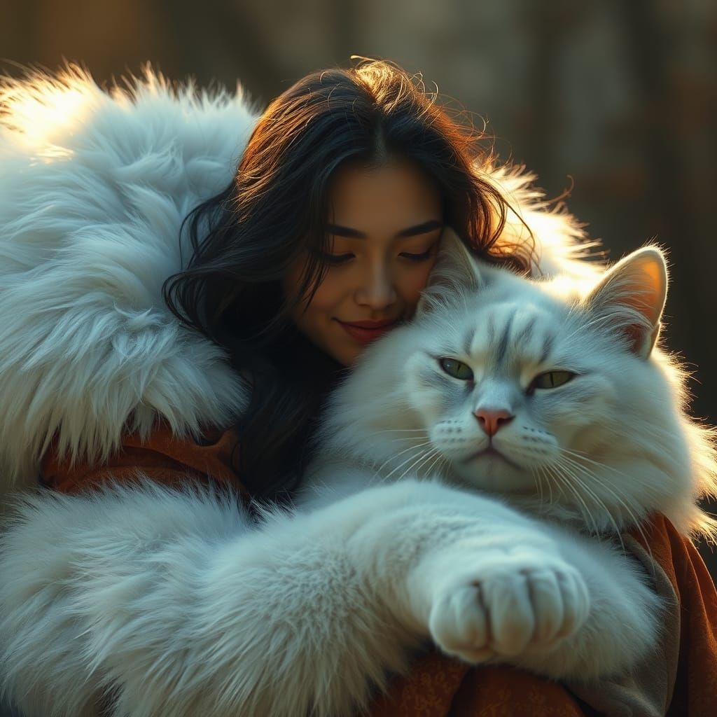 Woman and Giant Cat in Ethereal Fantasy Art