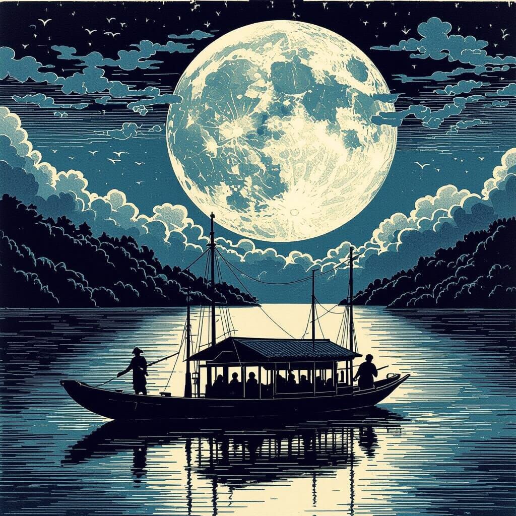 Night Ferry on Calm Sea in 1962 Woodblock Print Style
