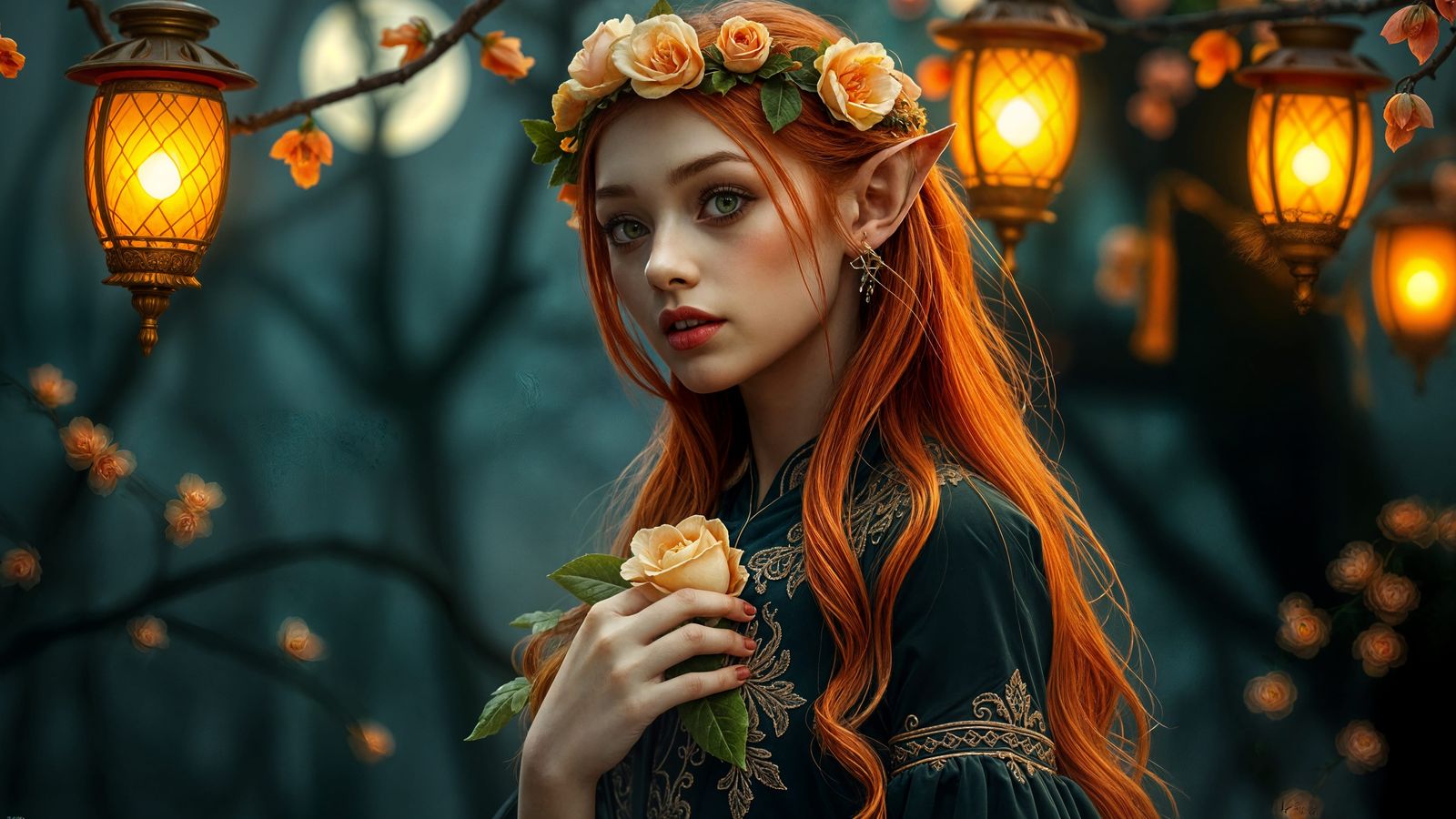 Ethereal Fantasy Elf in Vibrant Orange Hair and Delicate Flo...