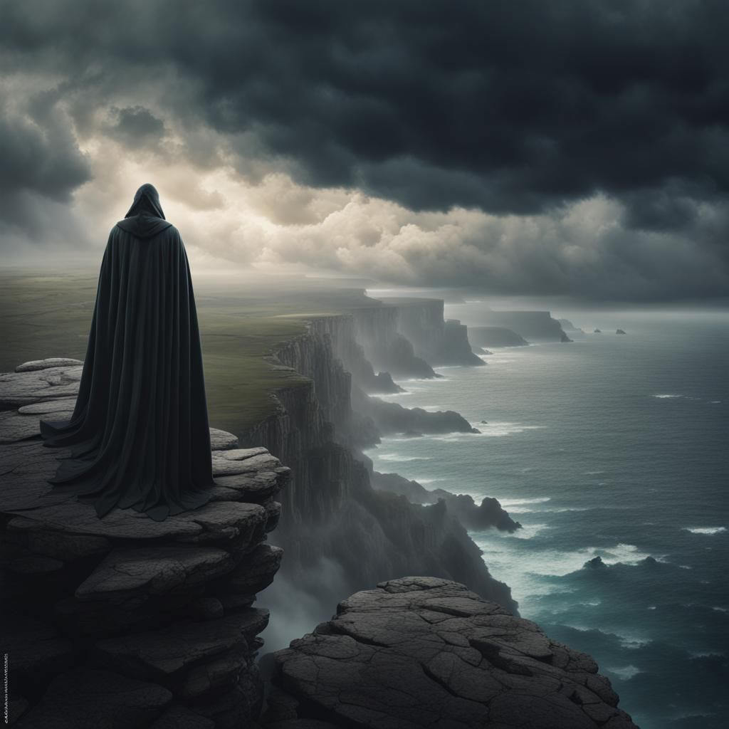 Cloaked Figure on Cliff Above Sea in Storm