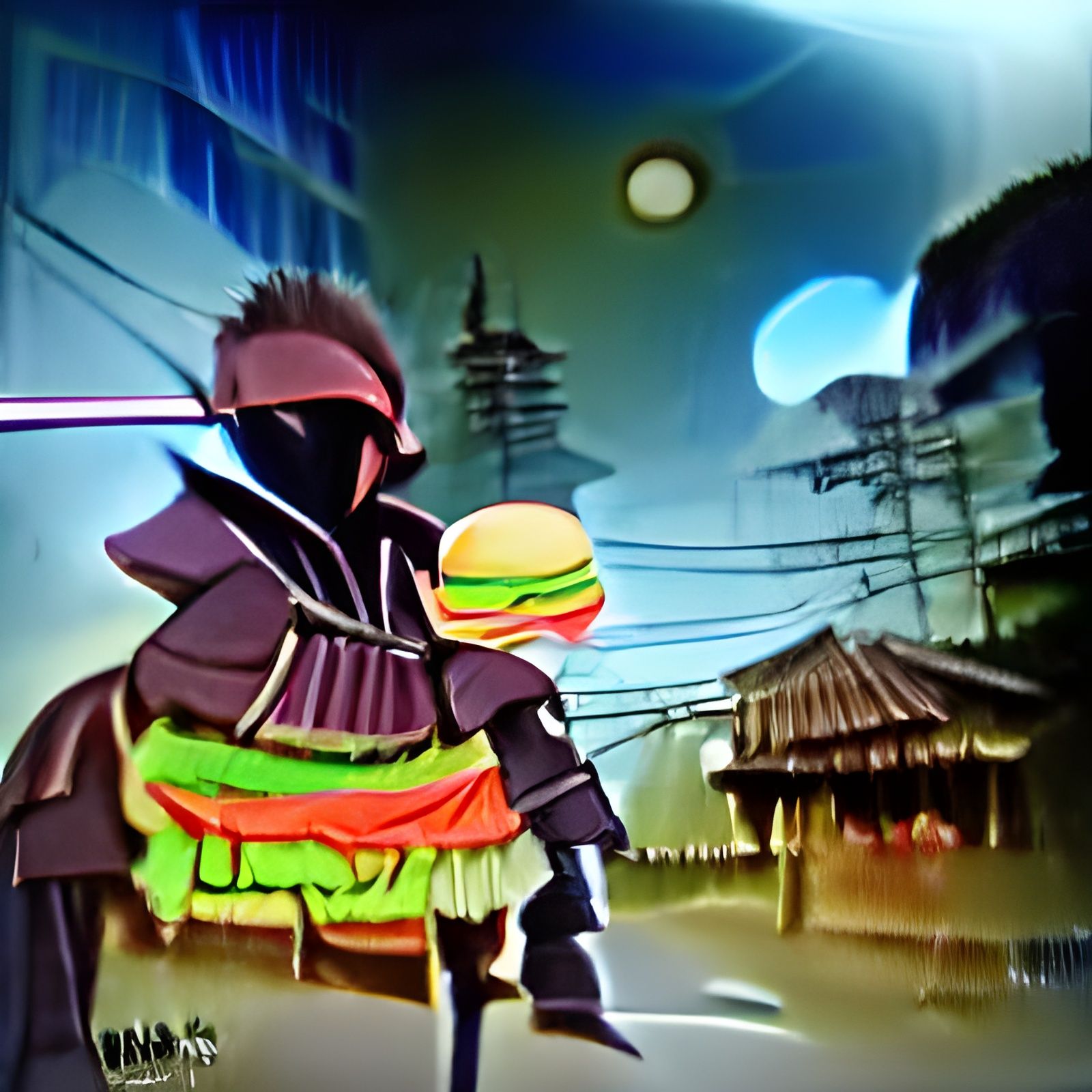 Neon Samurai Hamburger in Dark Anime Low-Poly Style