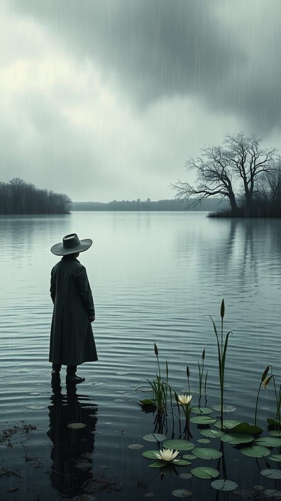 Serene Lake Scene in a Moody Rainy Day