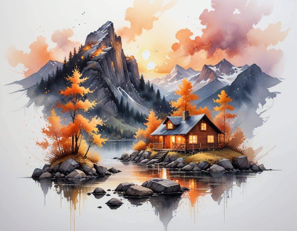 Mountain Cabins at Sunset Painterly Realism