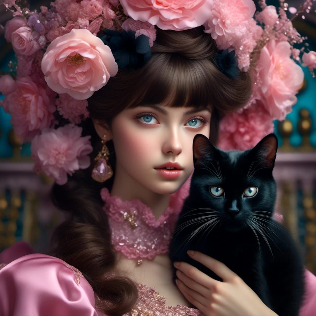 Elegant Portrait of Girl with Cat in Digital Art Style
