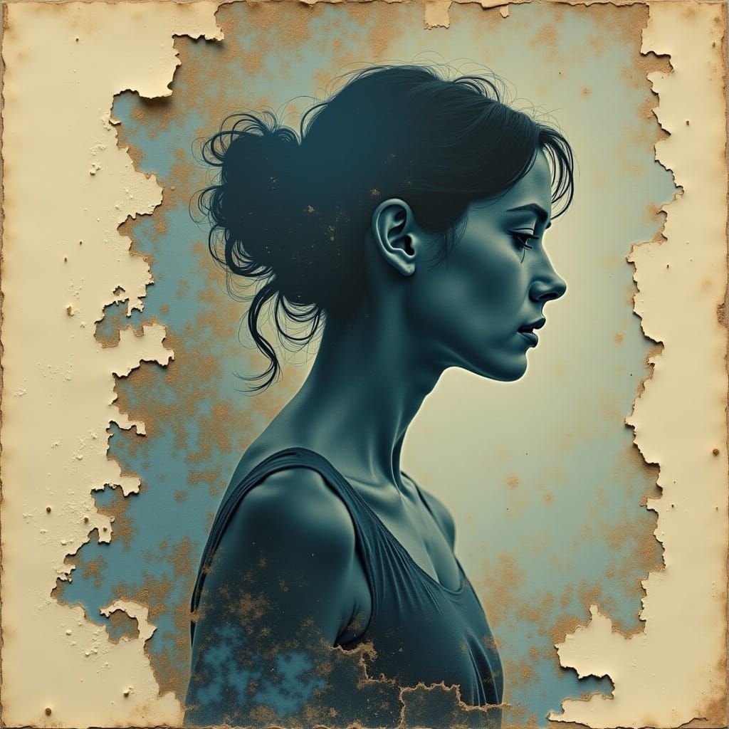 Textured Collage: Past Meets Future in Sepia and Blue