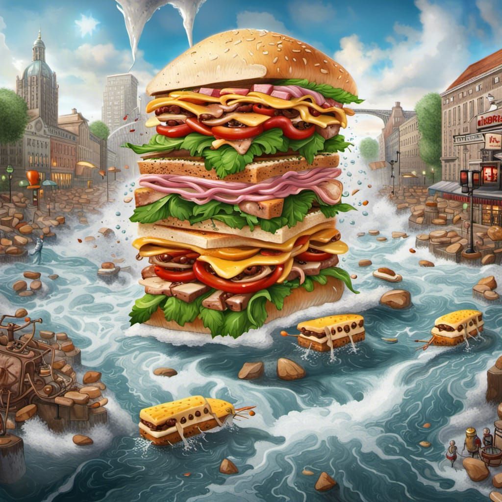 Giant Cartoon Sandwich with Realistic Water Splashes