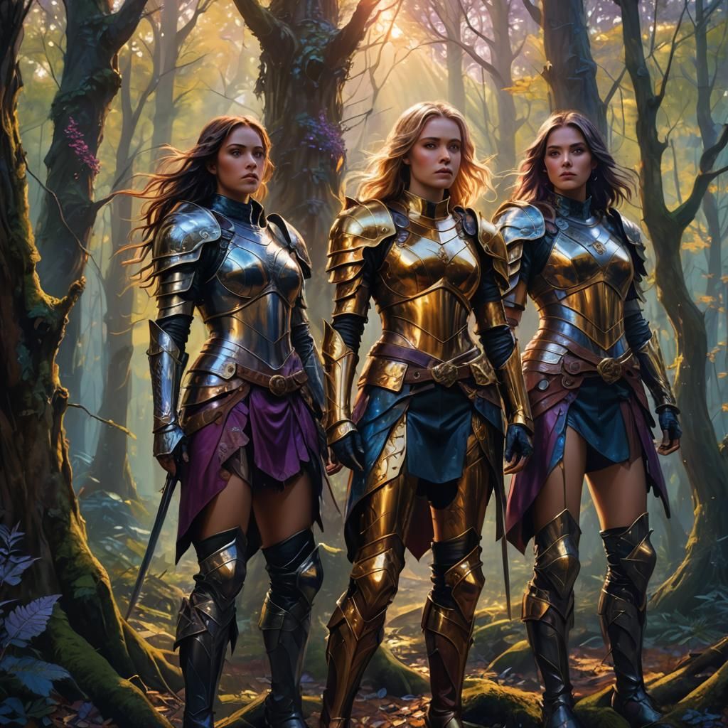 Heroic Fantasy Girls in Mystical Forest Oil Painting