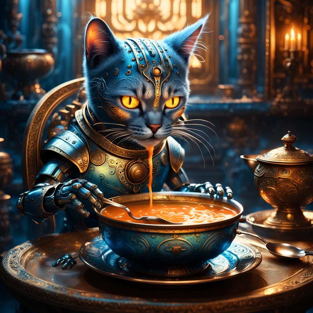 Fantastical Robot Cat Savoring Soup in a Steampunk Chamber