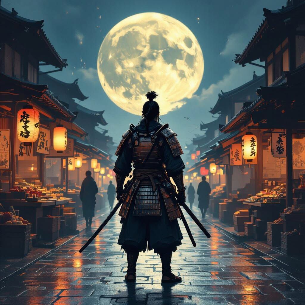 Samurai Warrior Under Full Moon in Edo Marketplace