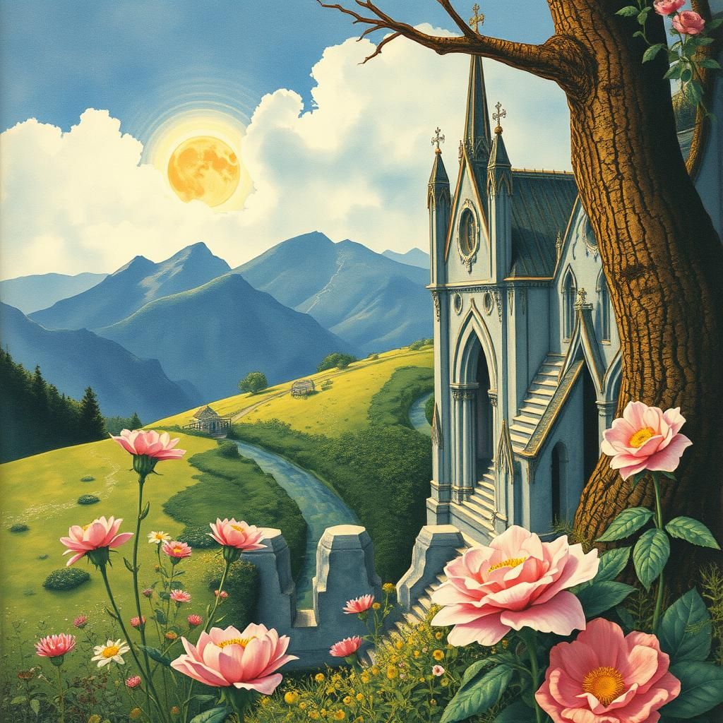 Surreal Cat and Tulips Watercolor Art