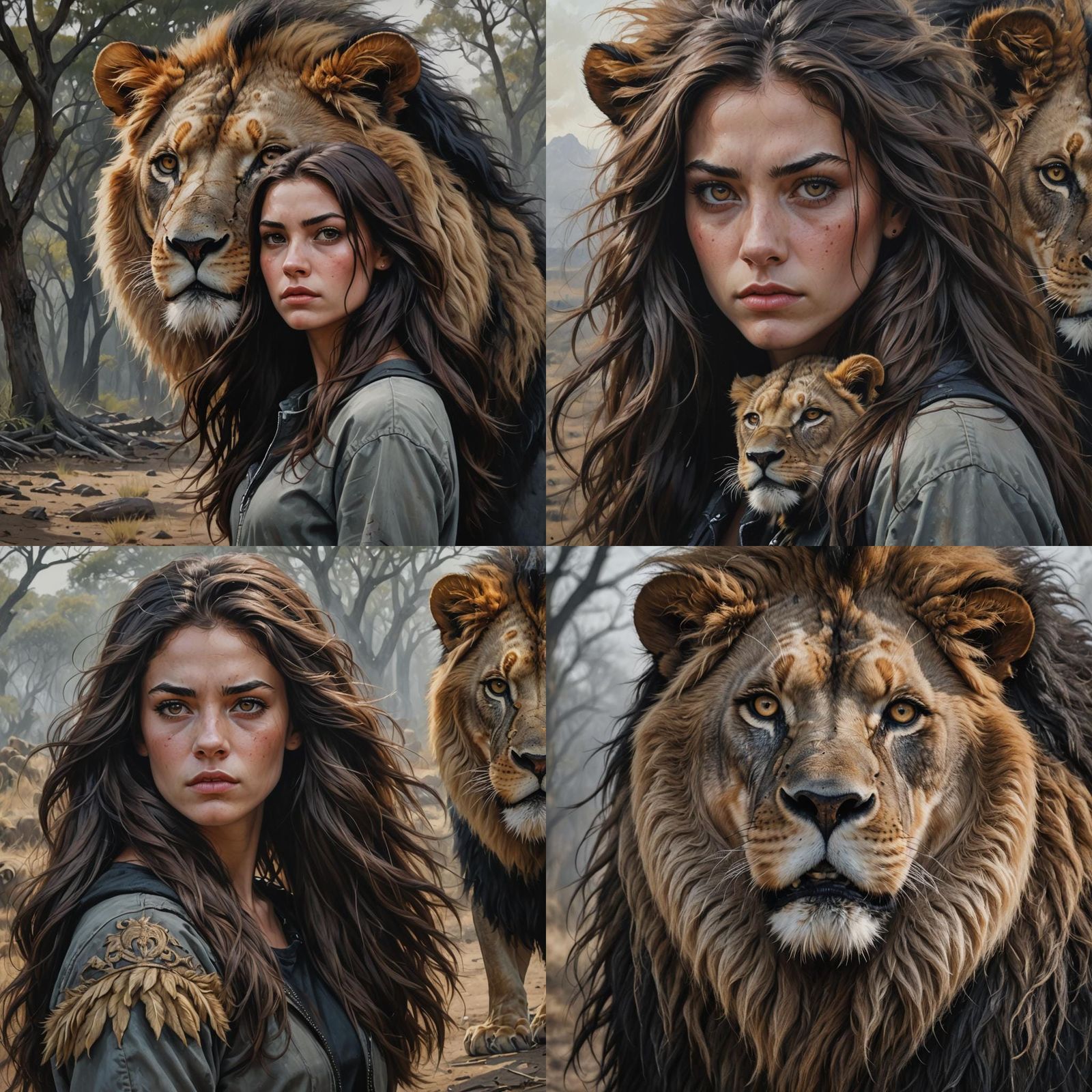 Brunette Girl with Lion, Sinister Greg Rutkowski Style