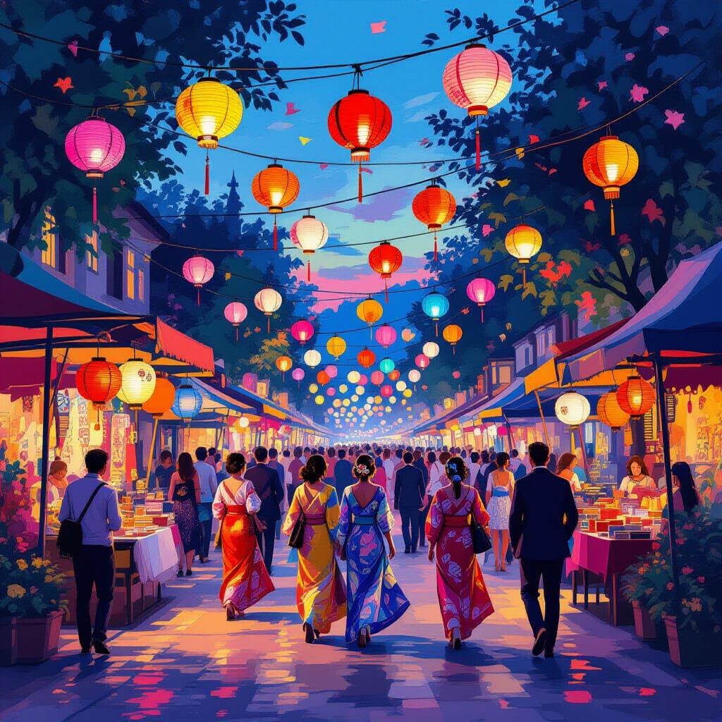 Vibrant Street Festival at Dusk: Impressionistic Digital Art