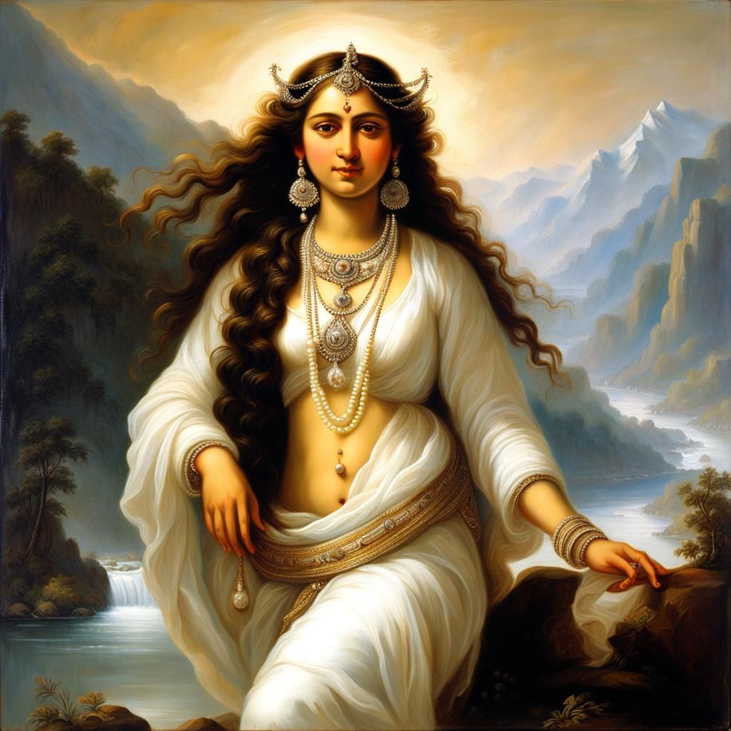 Goddess Ganga in Flowing Garments: Rembrandt-Style Oil Paint...