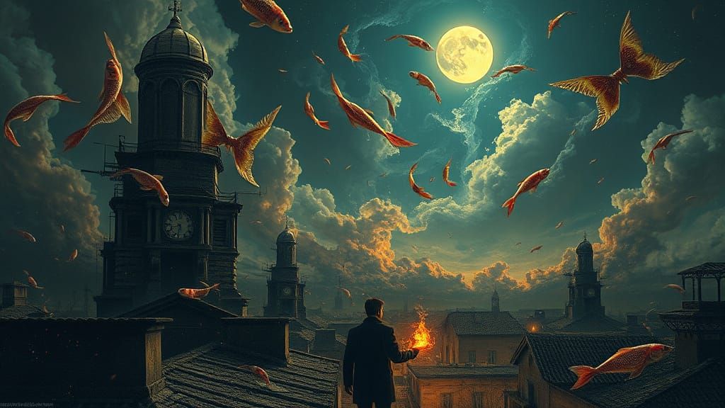 Crimson Fish Dance on Rooftops Amidst Melting Clocks