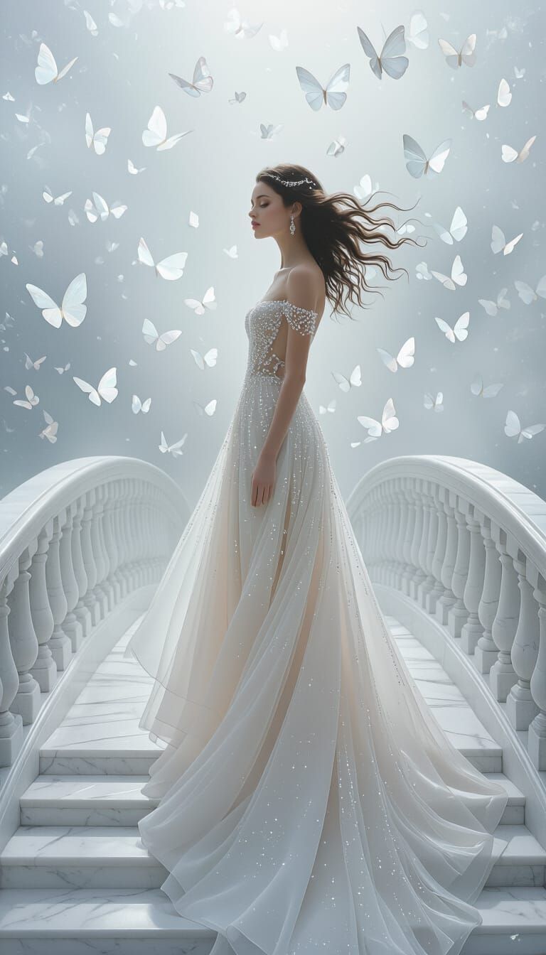 Ethereal Woman on Marble Bridge in Surreal Style