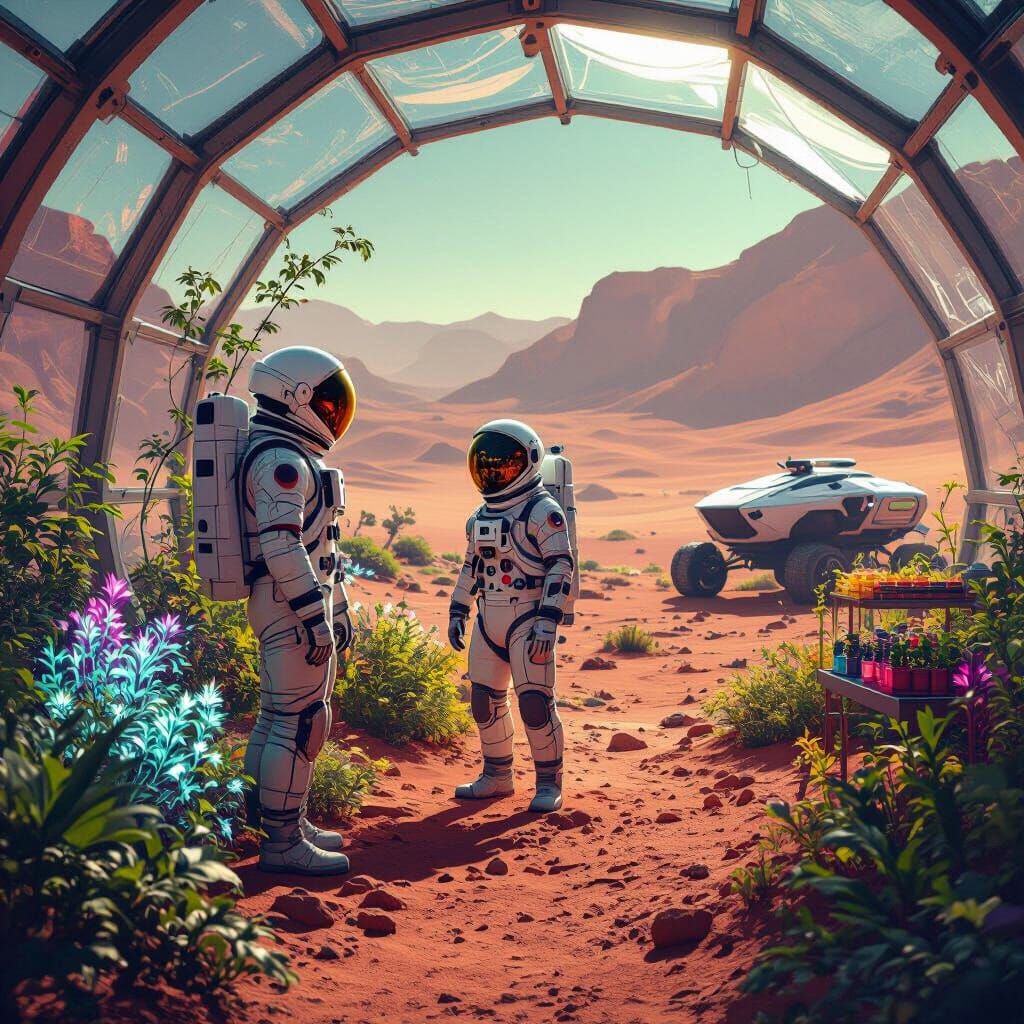 Astronaut Tends Bioluminescent Garden in Mars Biodome