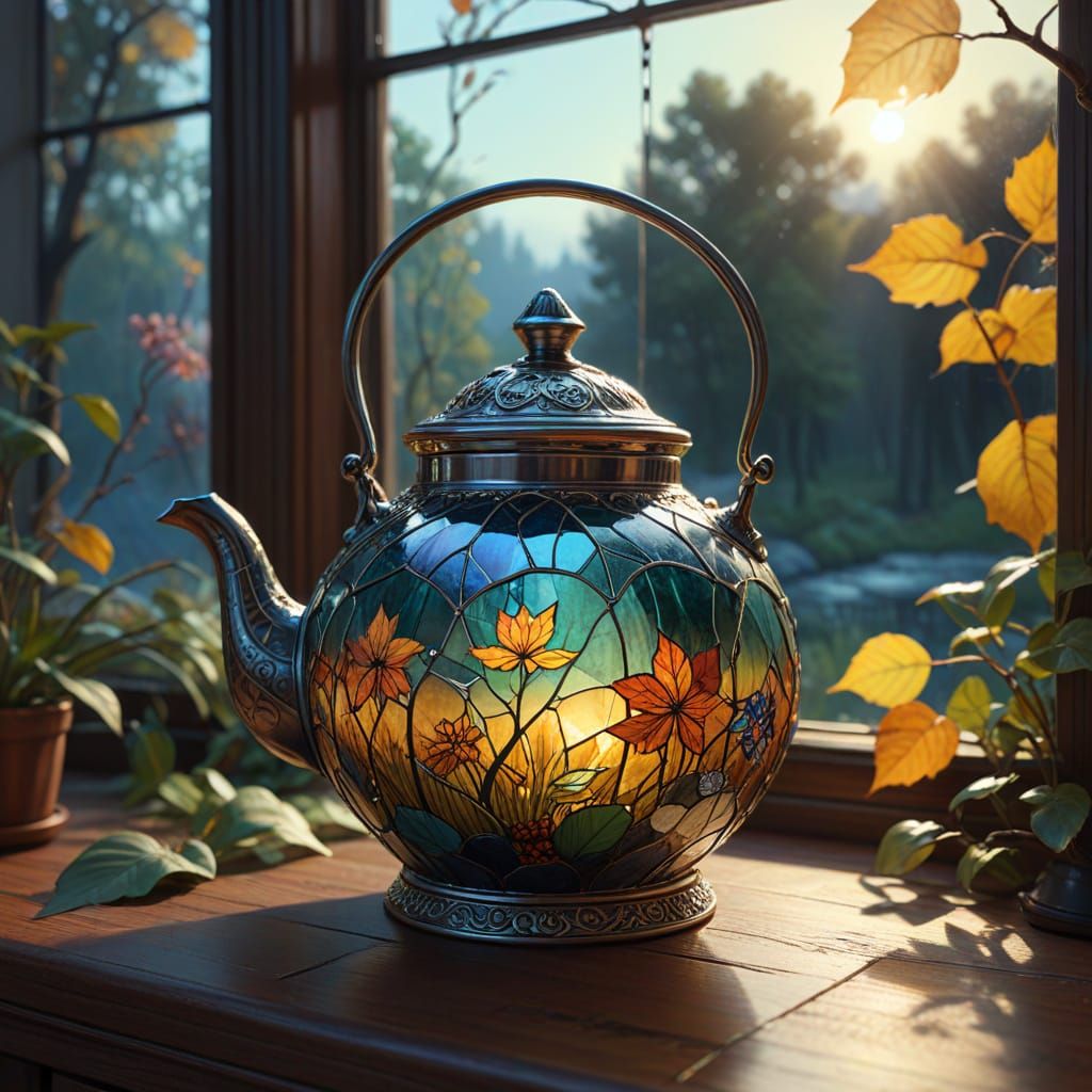 Ornate Teapot with Fall Landscape in Iridescent Stained Glas...