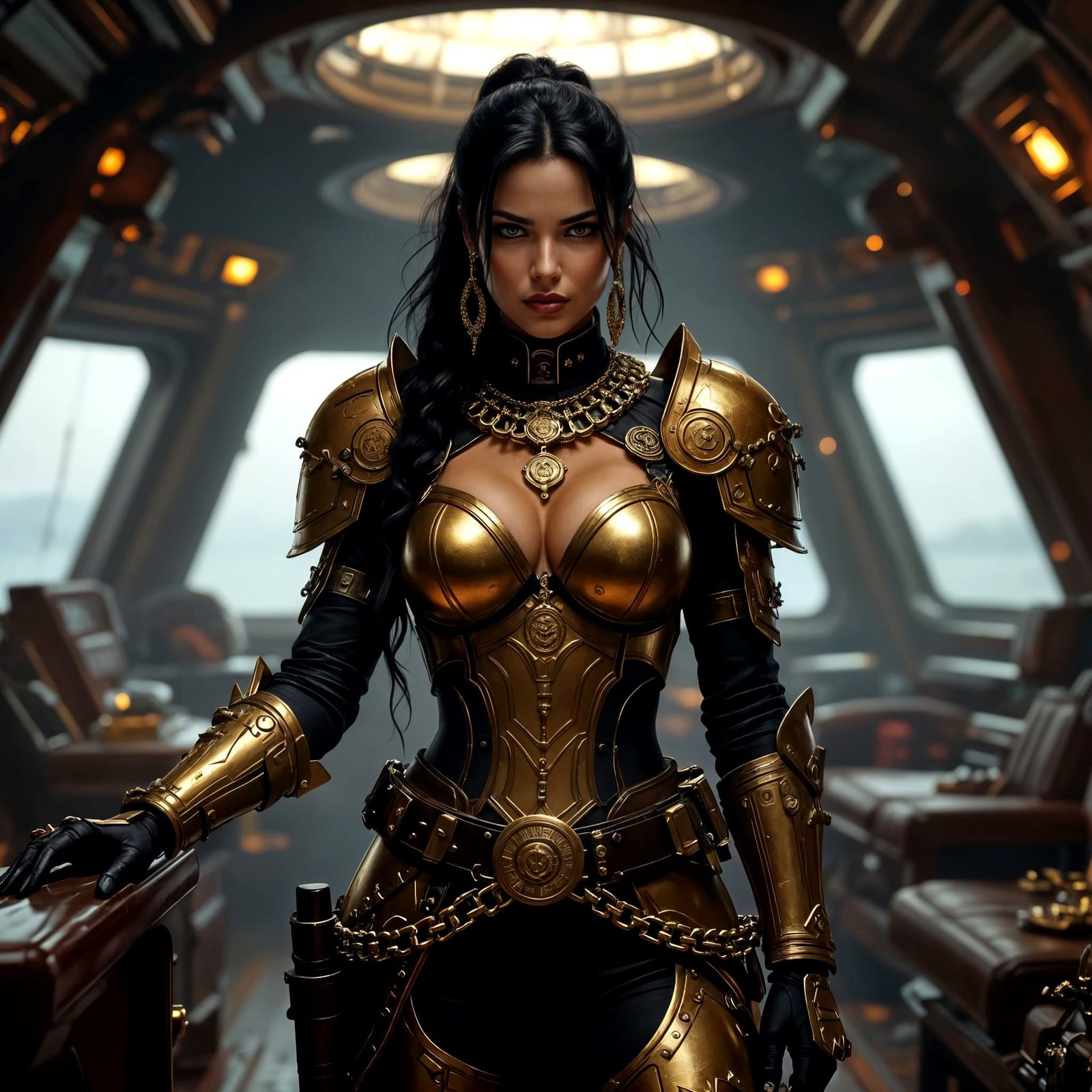 Space Pirate Queen on Starship Bridge in Fantasy Concept Art...