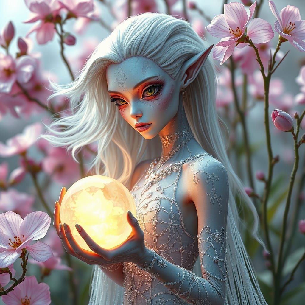 Ethereal Alien Goddess Amidst Blooming Flowers
