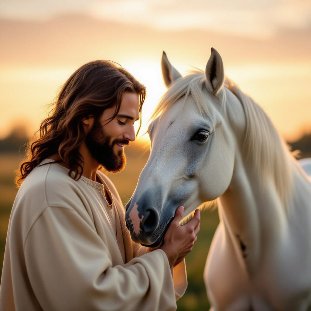 Jesus Christ Petting Horse in Ethereal Sunset Glow