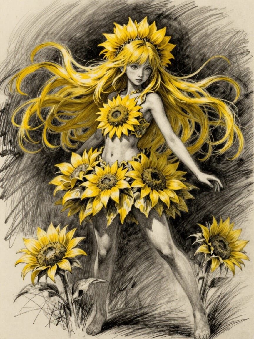 Detailed Charcoal Sketch of Yellow-Haired Fairygirl in Sunfl...