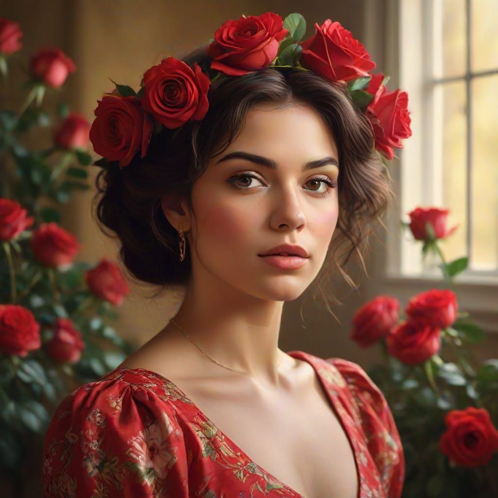 Woman with Roses: A Romanticism Oil Painting
