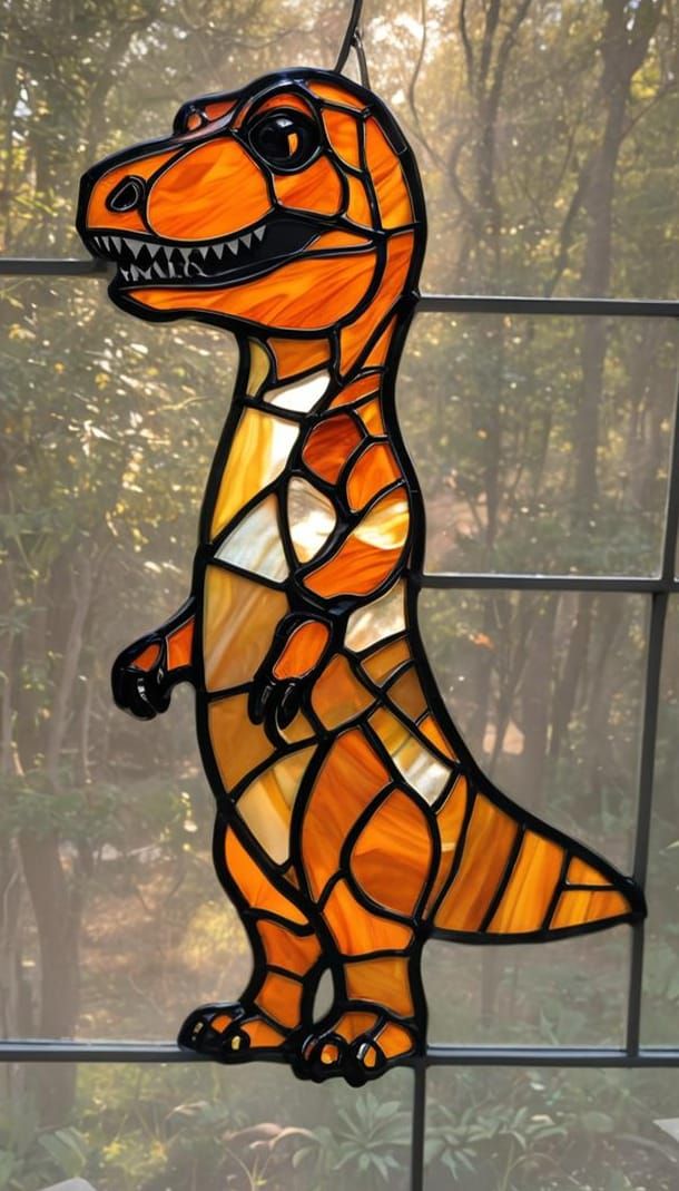 Vibrant Stained Glass T-Rex Window Panel