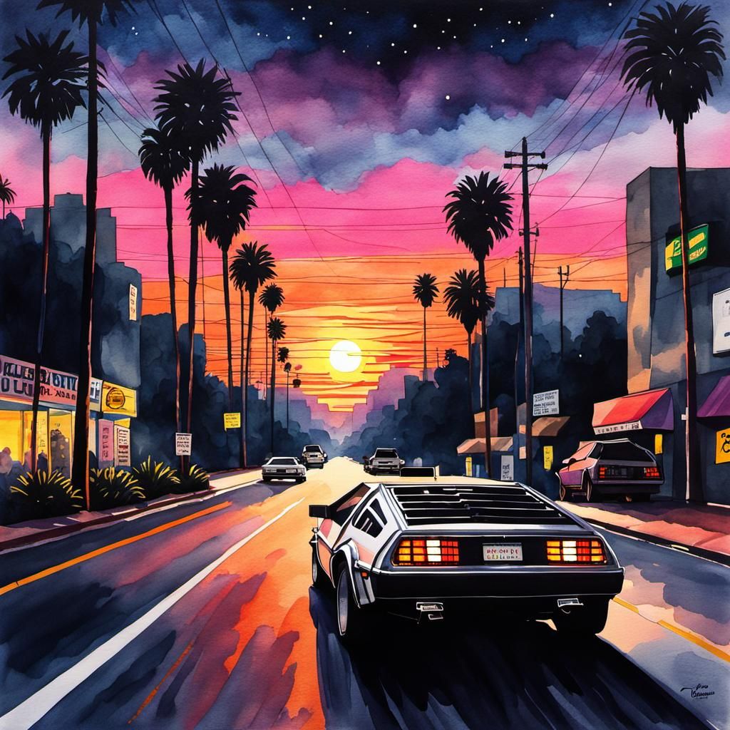 Cyber Lofi DeLorean Sunset Drive: 80s Watercolor