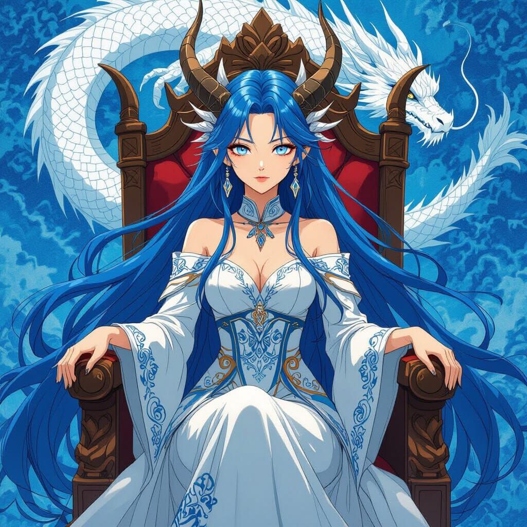 Anime Dragon Queen on Throne with Dragon Tapestry