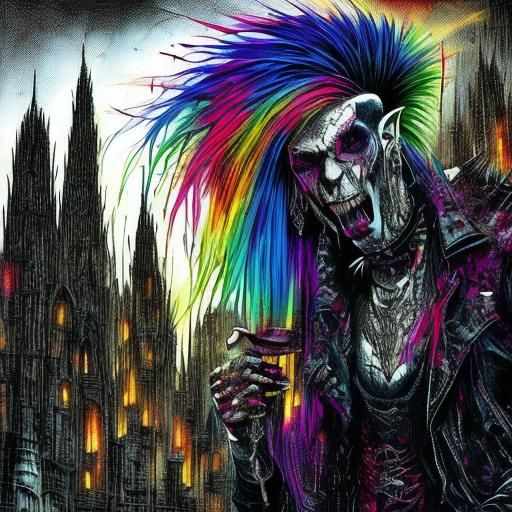 Gothic Punk Demon with Vodka in Surreal Cityscape